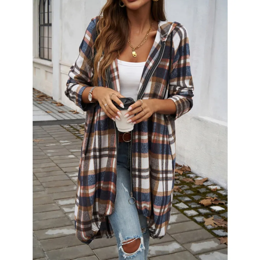 Plaid Zip Up Hooded Coat