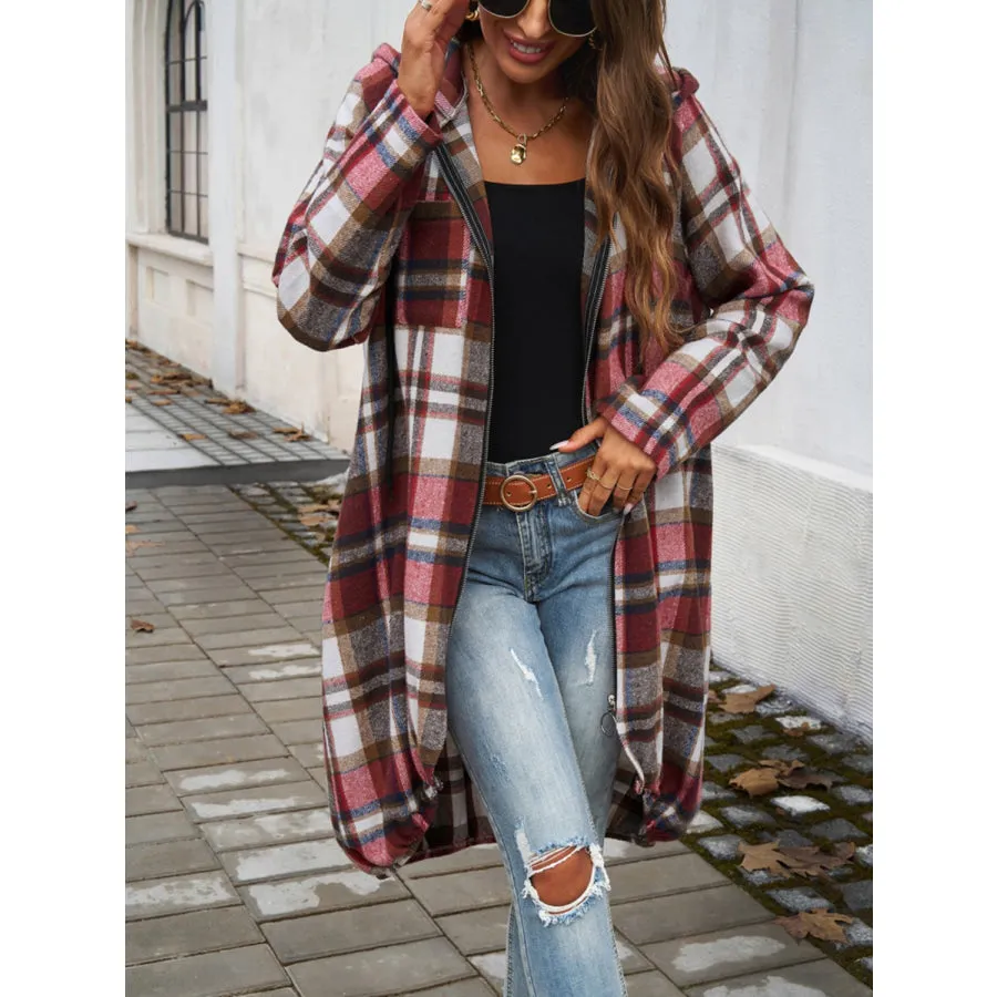 Plaid Zip Up Hooded Coat