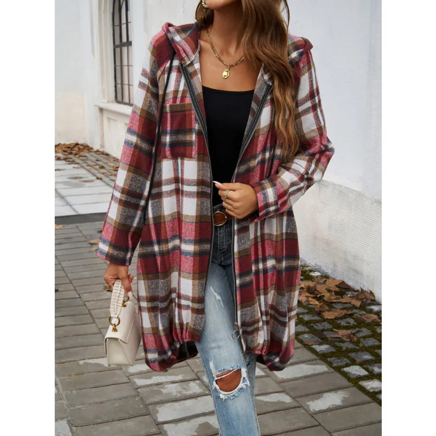 Plaid Zip Up Hooded Coat