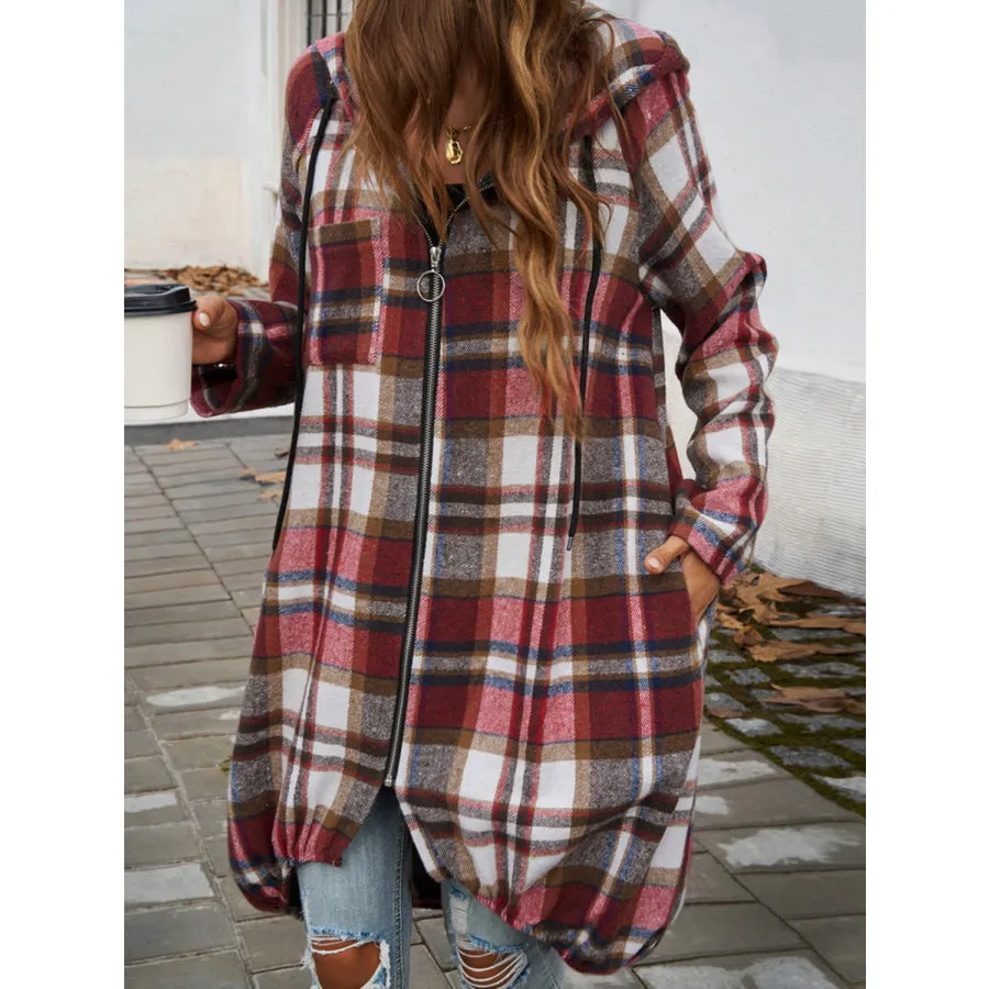 Plaid Zip Up Hooded Coat