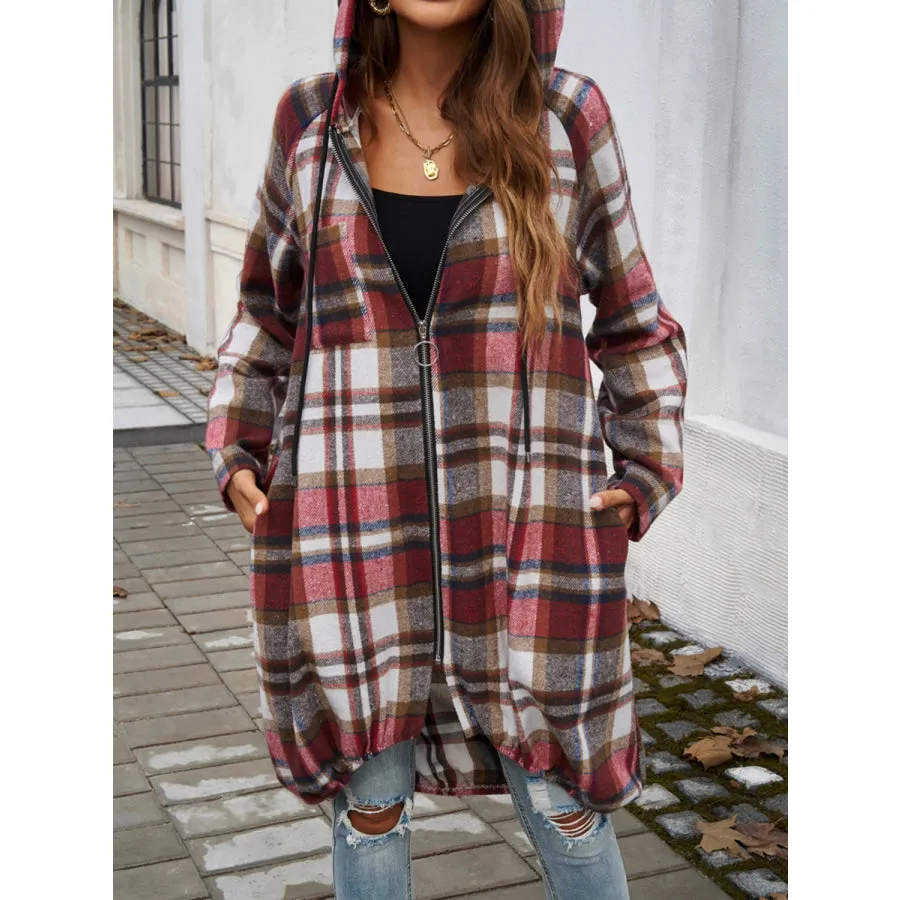 Plaid Zip Up Hooded Coat