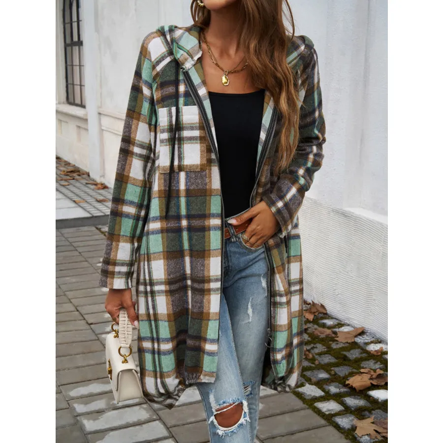 Plaid Zip Up Hooded Coat