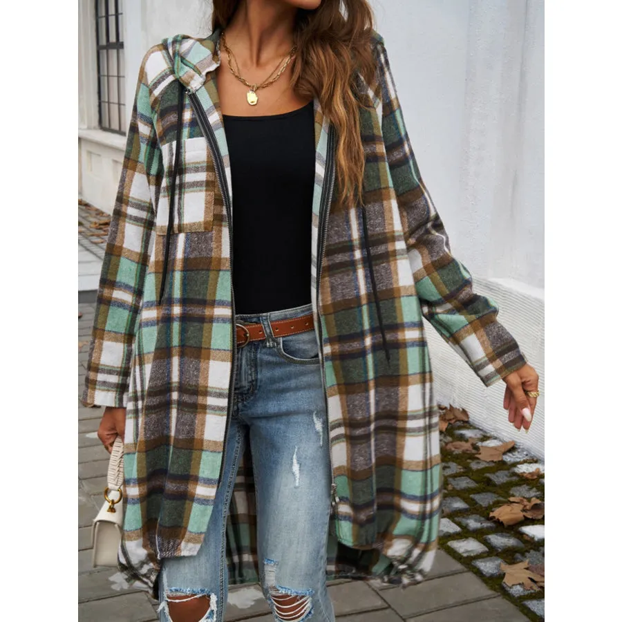 Plaid Zip Up Hooded Coat