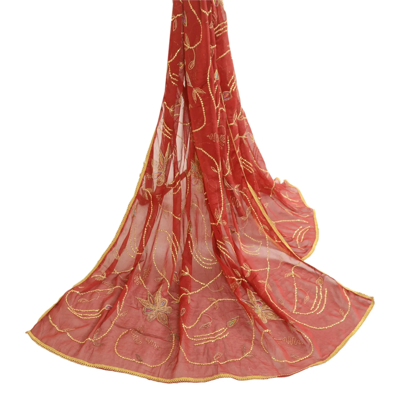 Sanskriti Vintage Dupatta Long Stole Georgette Dark Red Hand Beaded Wrap Scarves