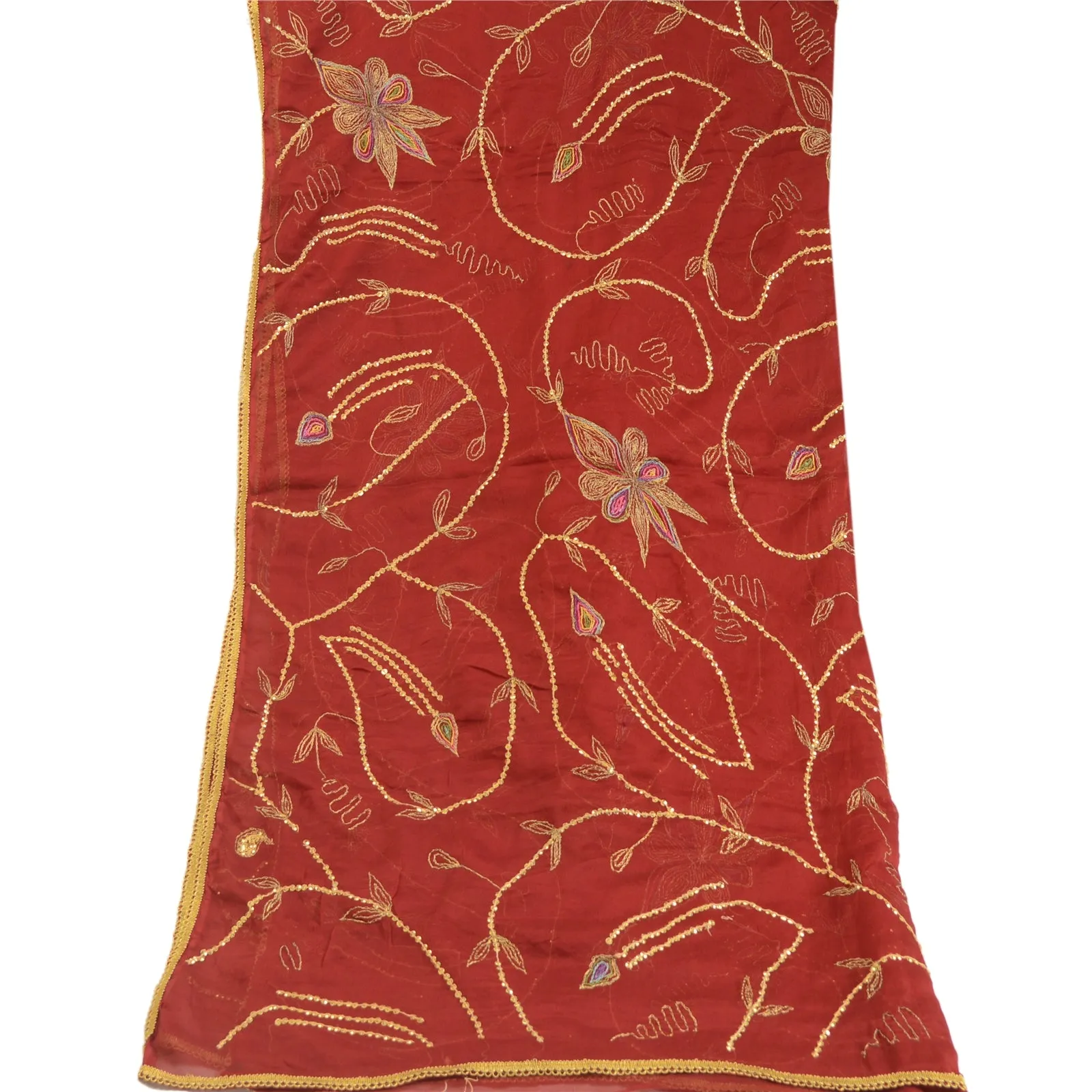 Sanskriti Vintage Dupatta Long Stole Georgette Dark Red Hand Beaded Wrap Scarves