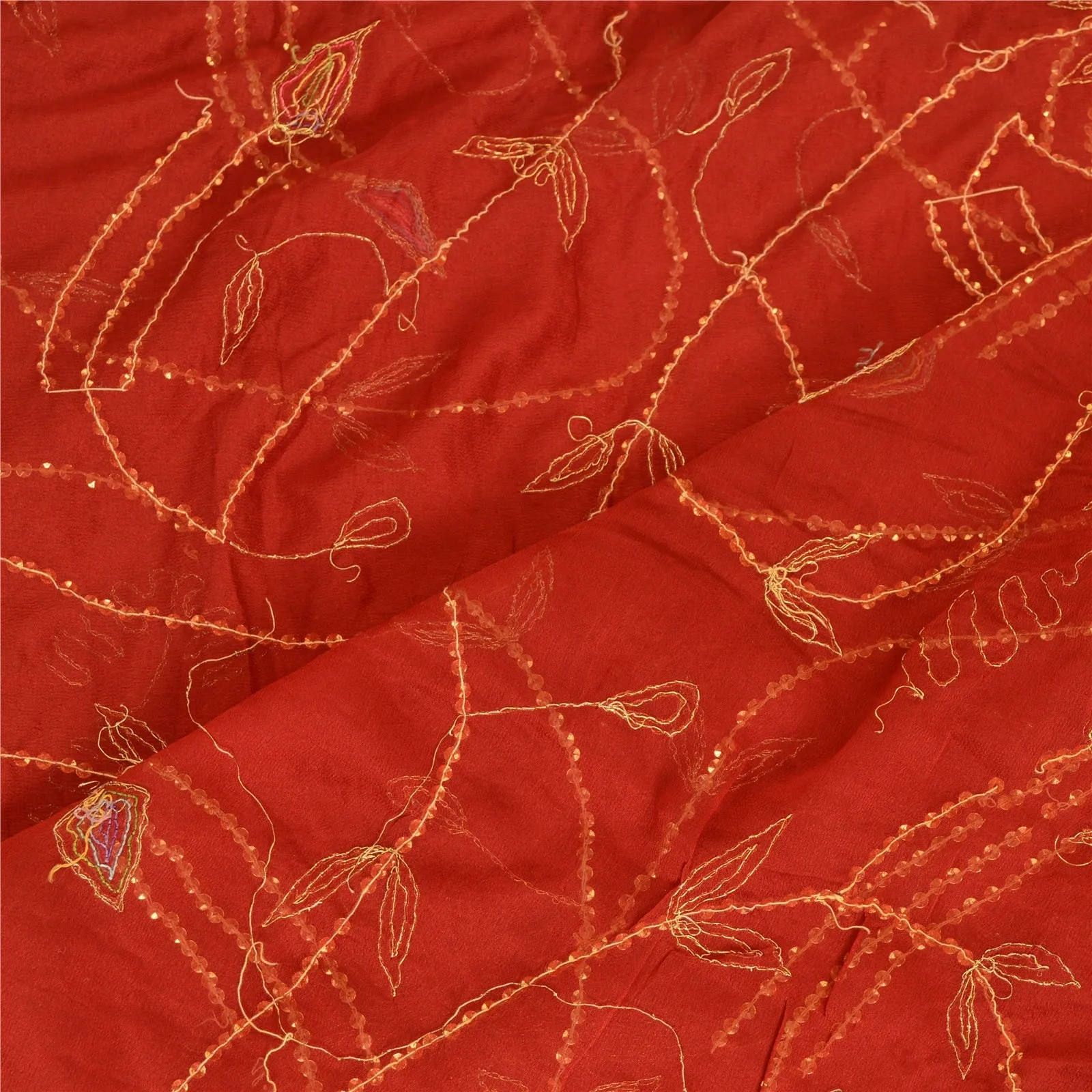 Sanskriti Vintage Dupatta Long Stole Georgette Dark Red Hand Beaded Wrap Scarves