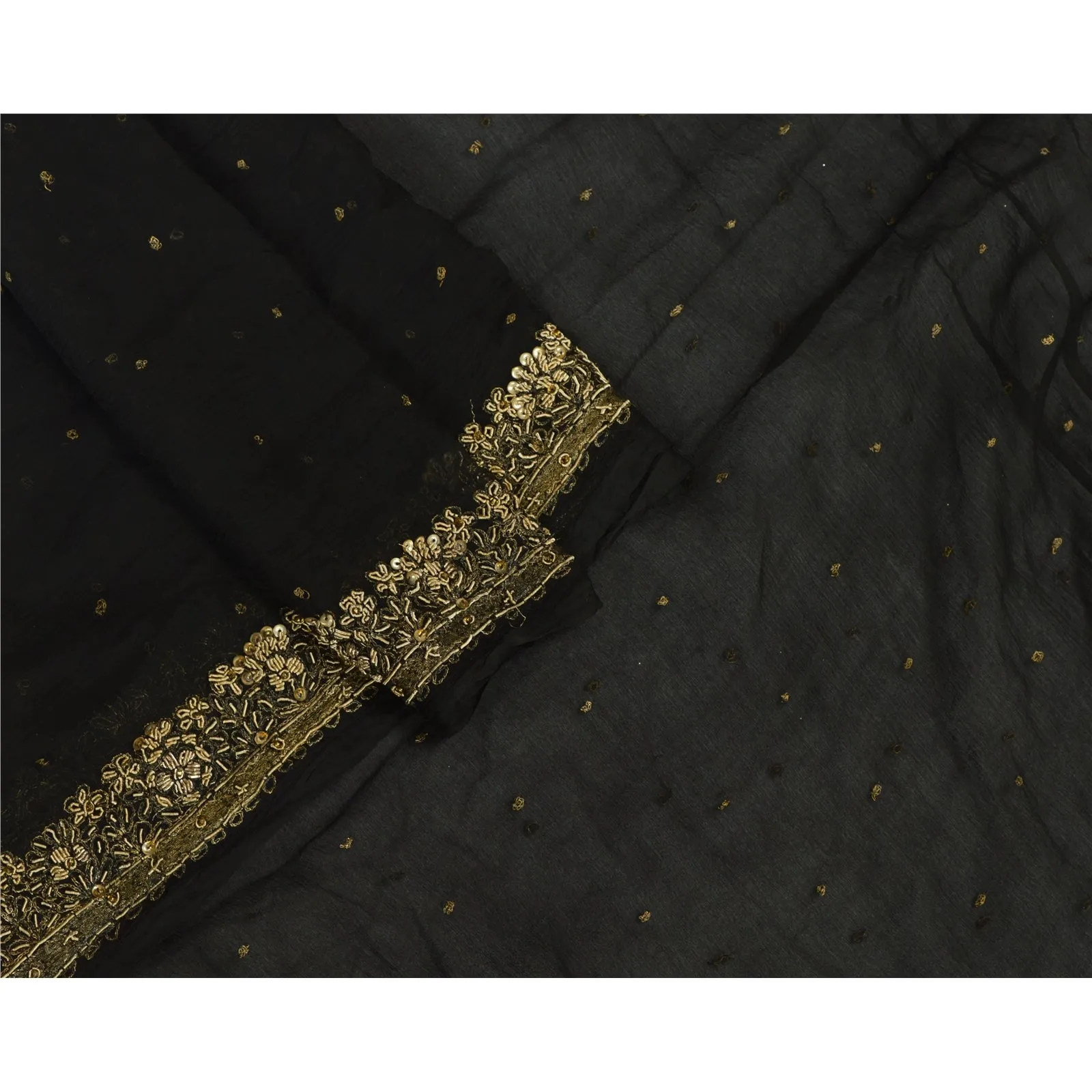 Sanskriti Vintage Dupatta Long Stole Pure Chiffon Silk Black Hand Beaded Scarves