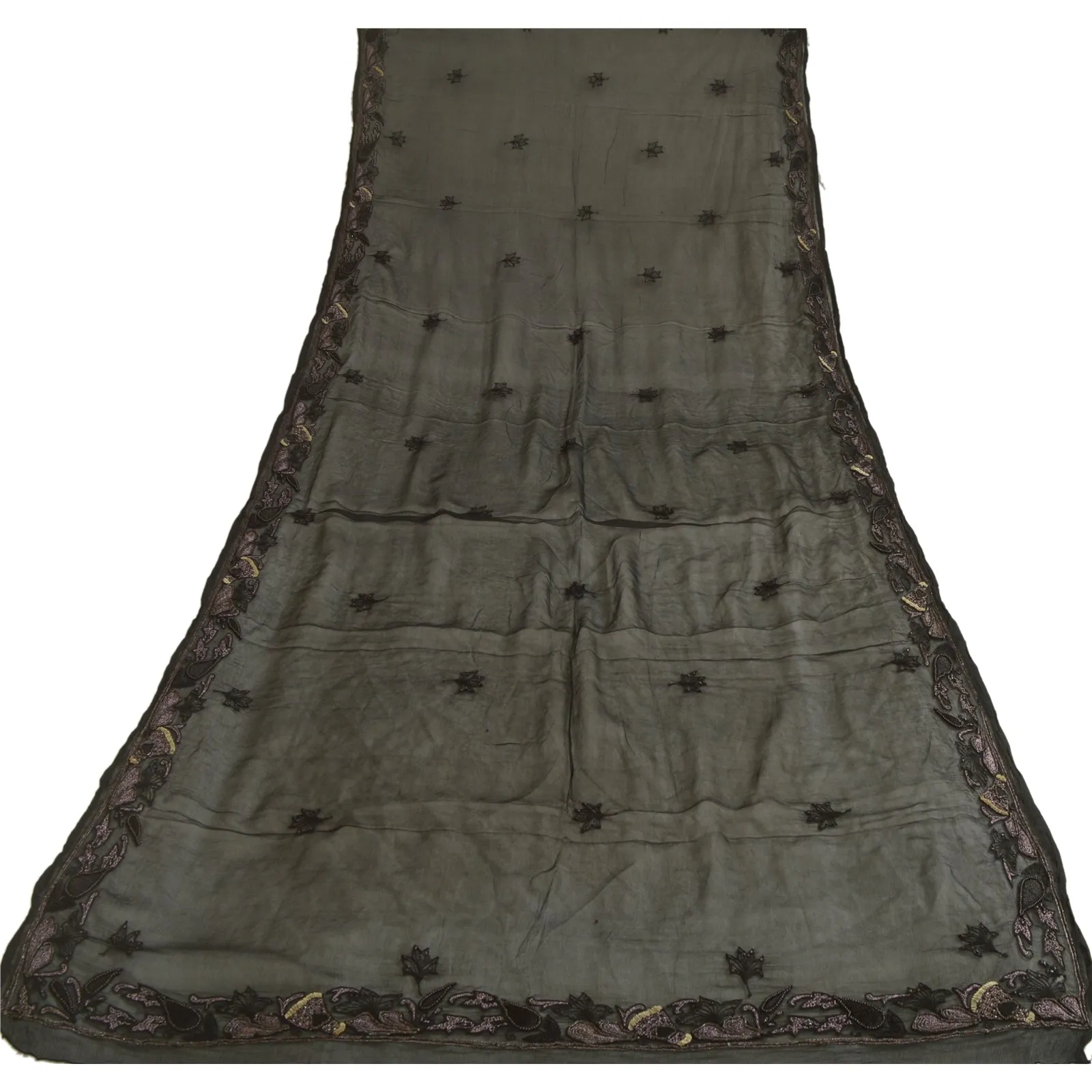 Sanskriti Vintage Long Black Dupatta/Stole Pure Chiffon Silk Hand Beaded Scarves