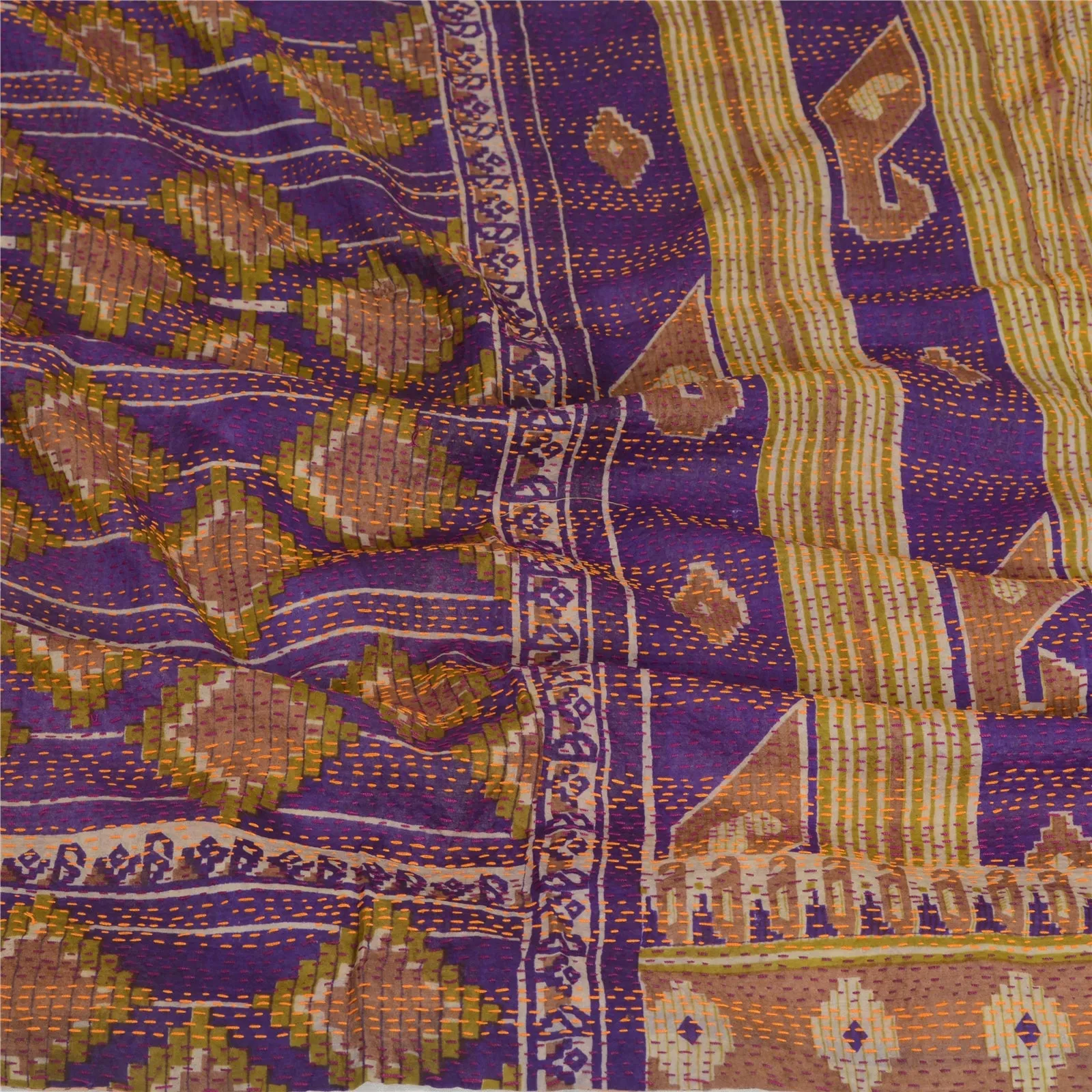 Sanskriti Vintage Long Dupatta Stole Art Silk Purple Hand Beaded Kantha Scarves