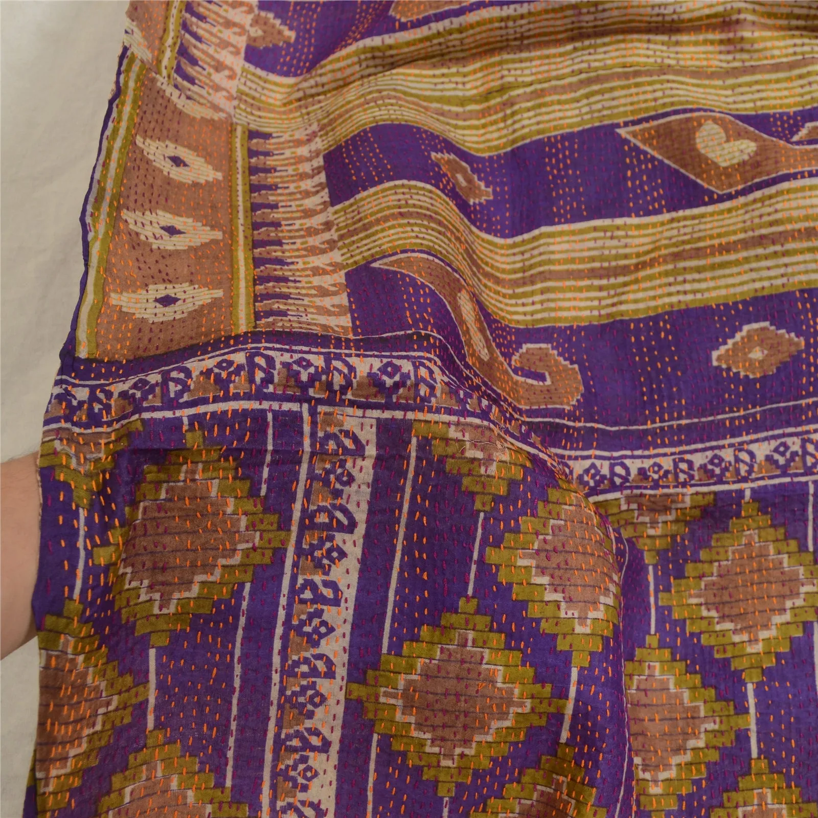 Sanskriti Vintage Long Dupatta Stole Art Silk Purple Hand Beaded Kantha Scarves