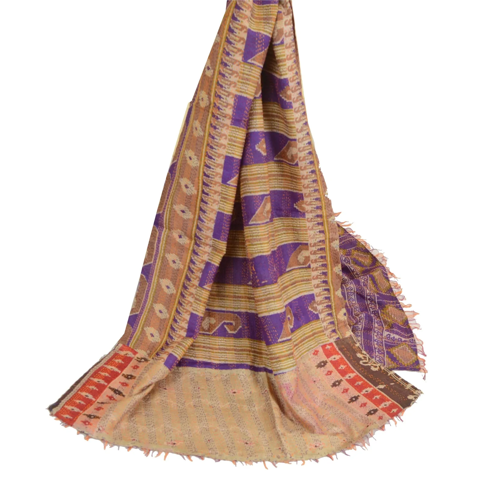 Sanskriti Vintage Long Dupatta Stole Art Silk Purple Hand Beaded Kantha Scarves