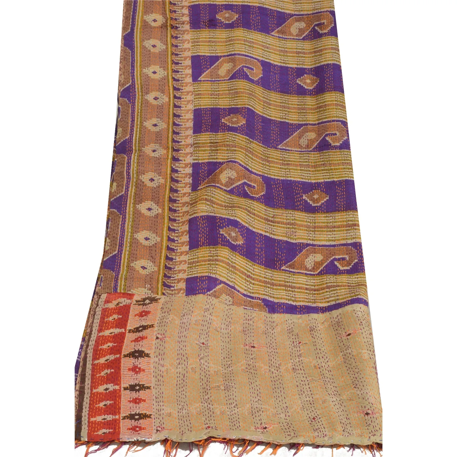 Sanskriti Vintage Long Dupatta Stole Art Silk Purple Hand Beaded Kantha Scarves