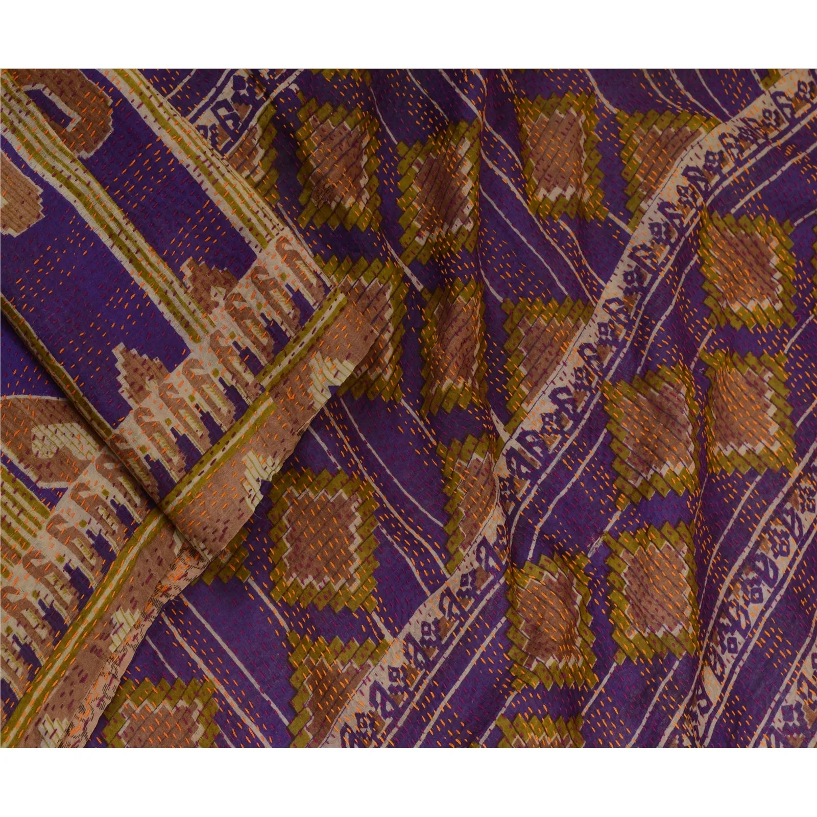 Sanskriti Vintage Long Dupatta Stole Art Silk Purple Hand Beaded Kantha Scarves