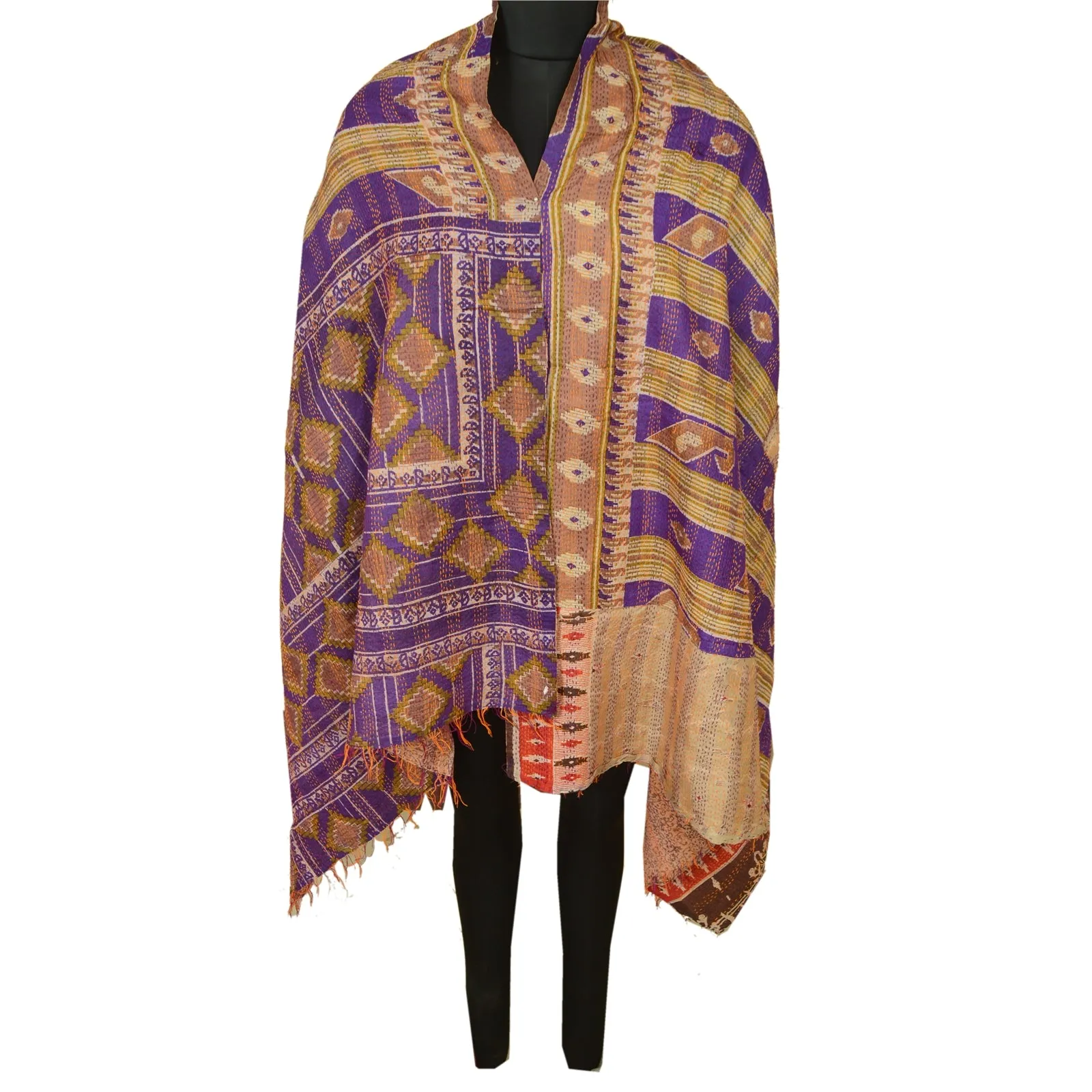 Sanskriti Vintage Long Dupatta Stole Art Silk Purple Hand Beaded Kantha Scarves