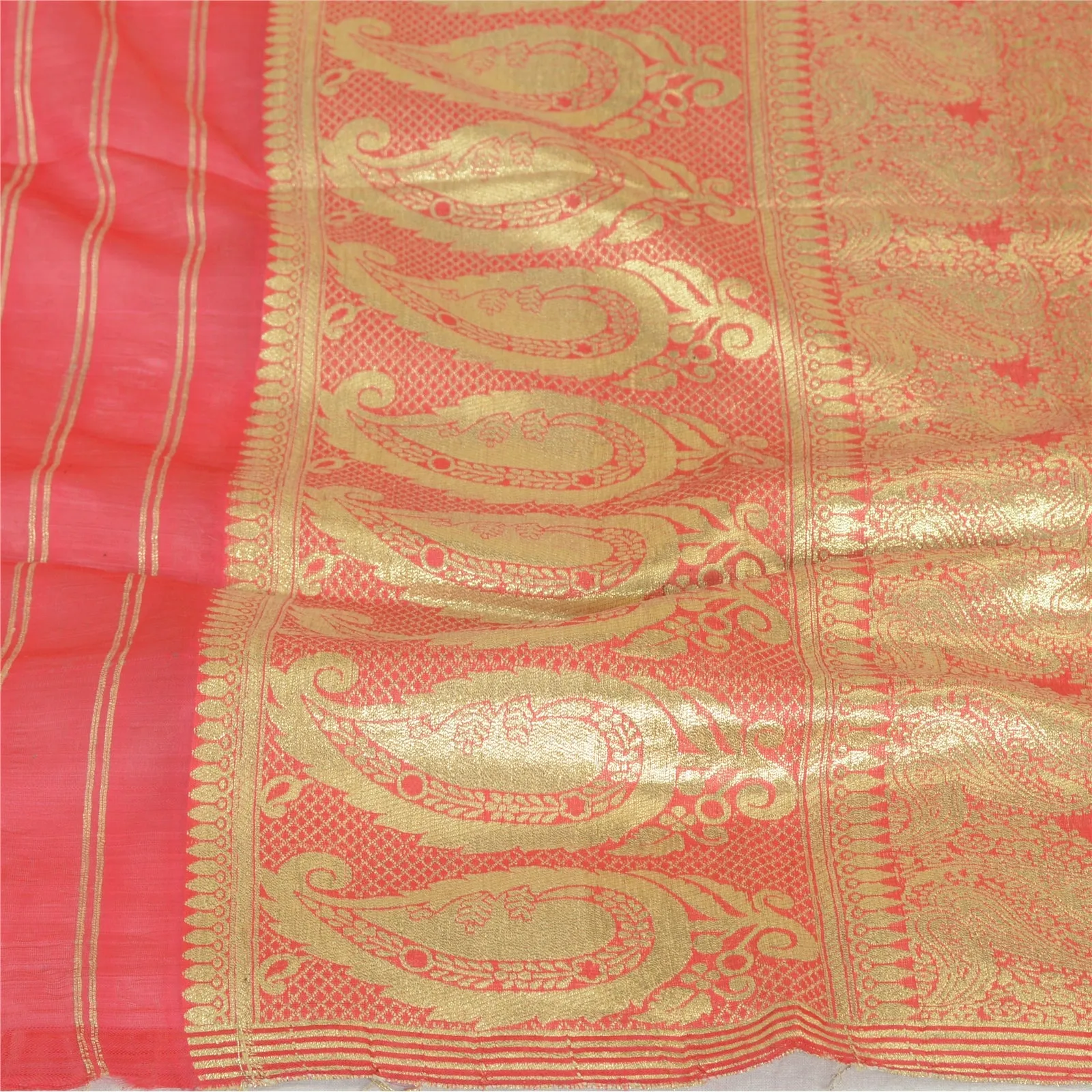 Sanskriti Vintage Long Golden/Pink Dupatta/Stole Art Silk Woven Wrap Scarves