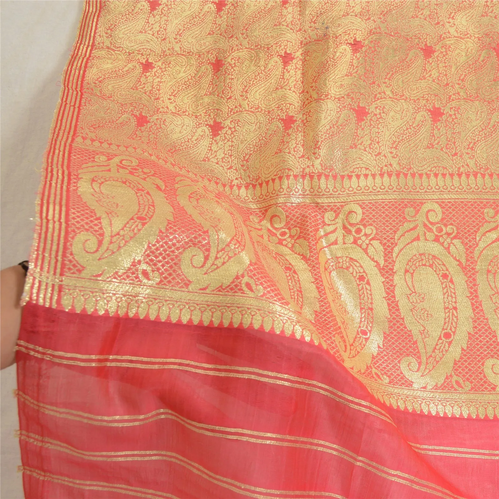 Sanskriti Vintage Long Golden/Pink Dupatta/Stole Art Silk Woven Wrap Scarves