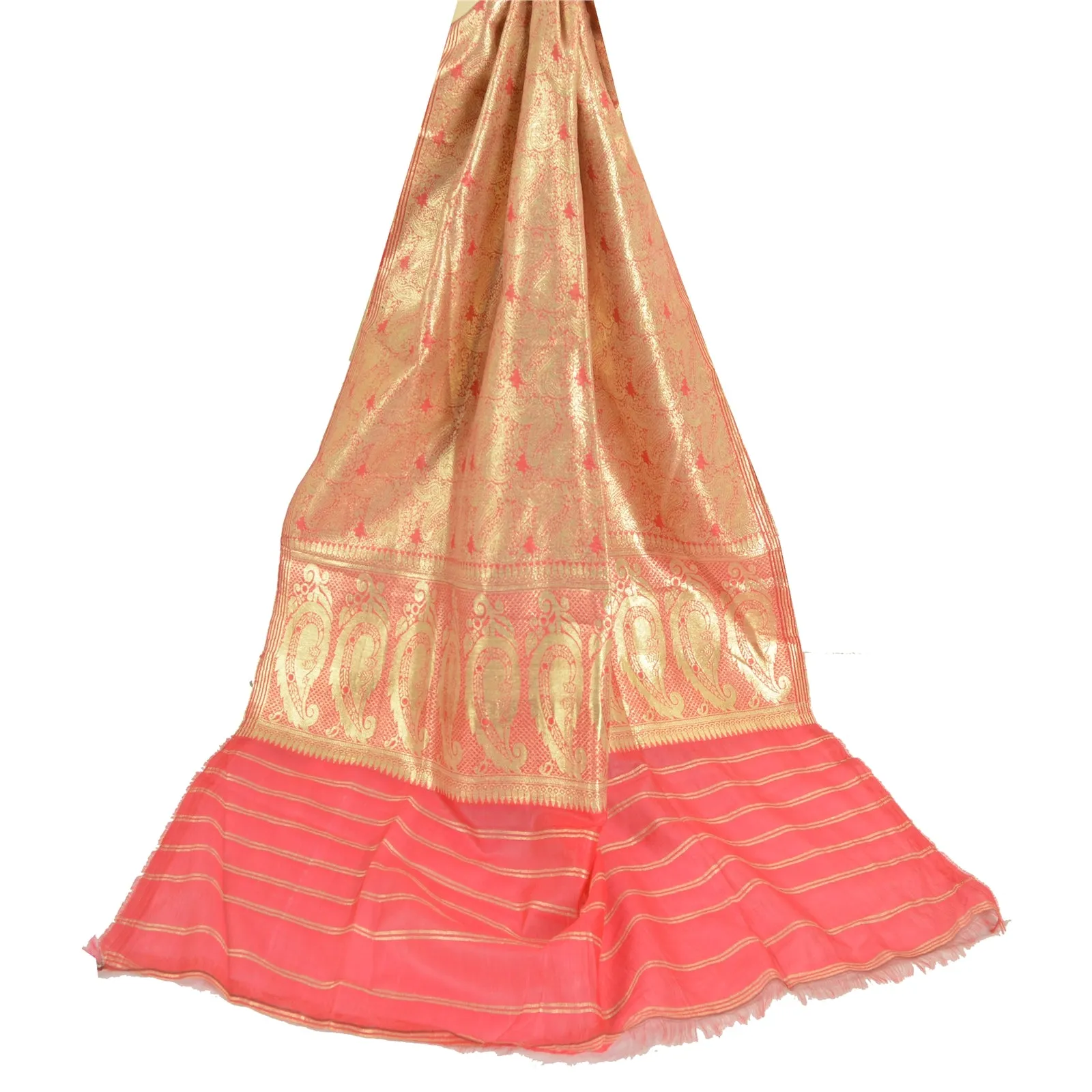 Sanskriti Vintage Long Golden/Pink Dupatta/Stole Art Silk Woven Wrap Scarves