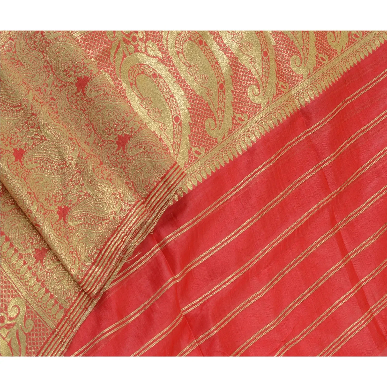 Sanskriti Vintage Long Golden/Pink Dupatta/Stole Art Silk Woven Wrap Scarves