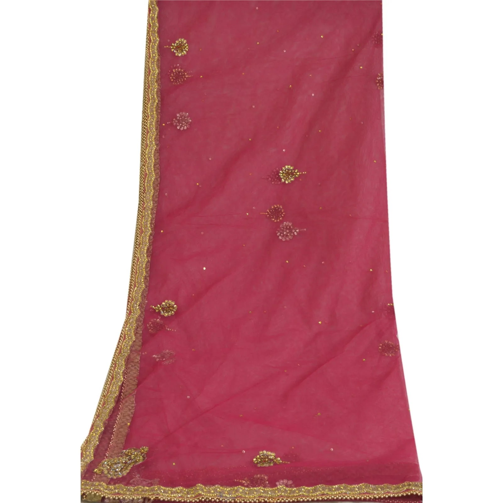 Sanskriti Vintage Magenta Long Dupatta Stole Net Mesh Veil Hand Beaded Scarves