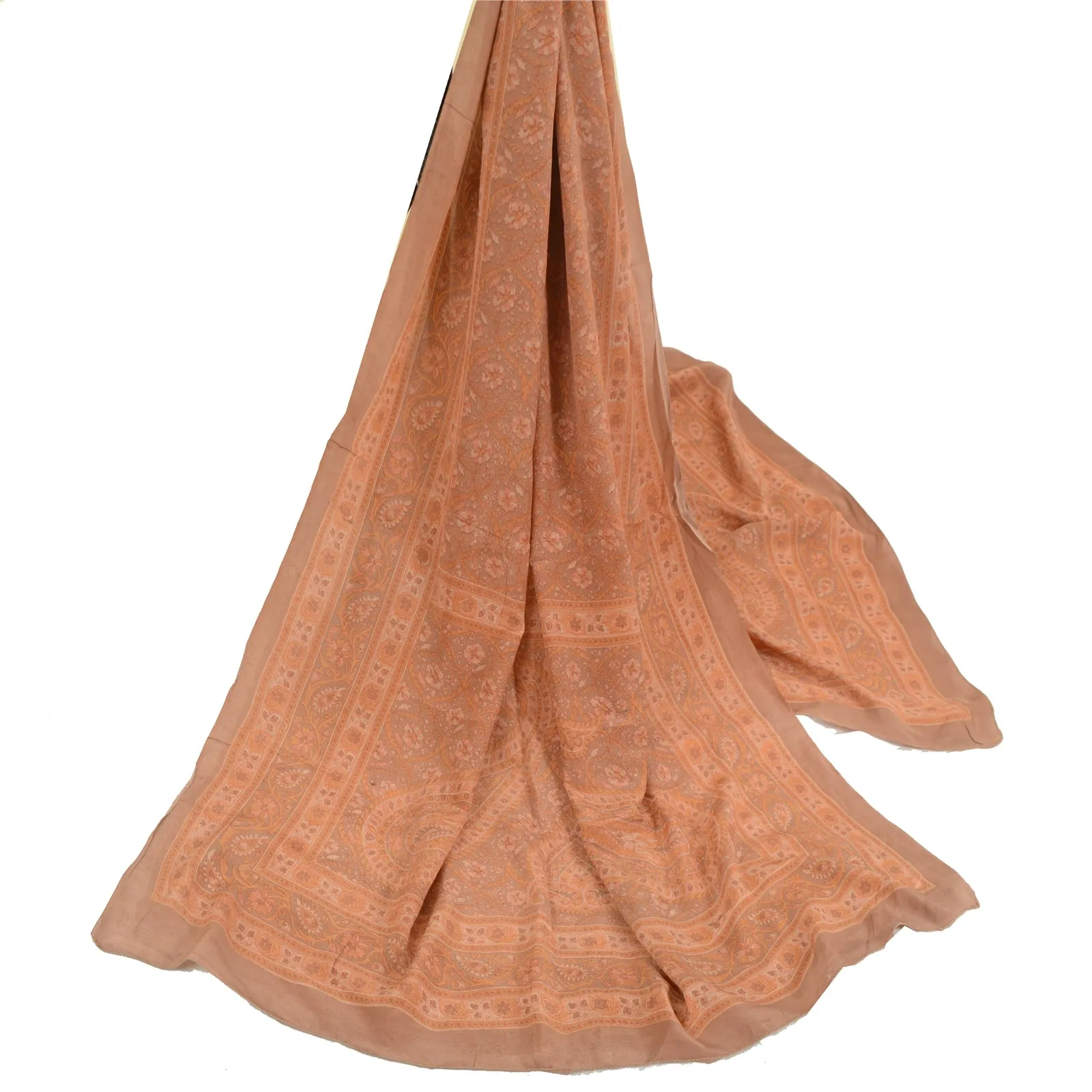 Sanskriti Vintage Peach Long Dupatta Stole Pure Crepe Silk Hijab Printed Scarves