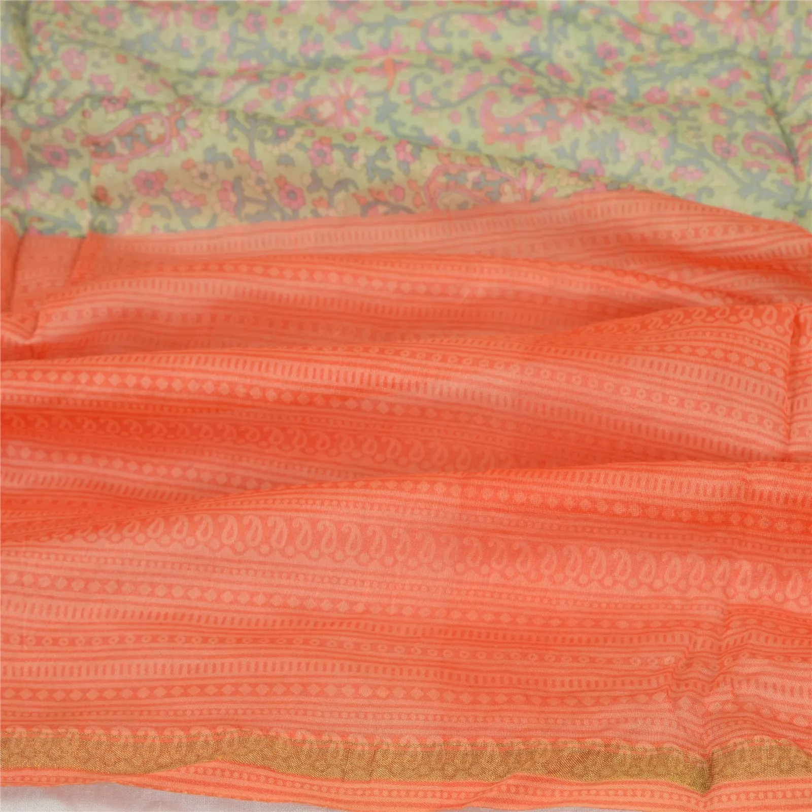 Sanskriti Vintage Peach/Green Pure Silk Dupatta Long Stole Printed Wrap Scarves