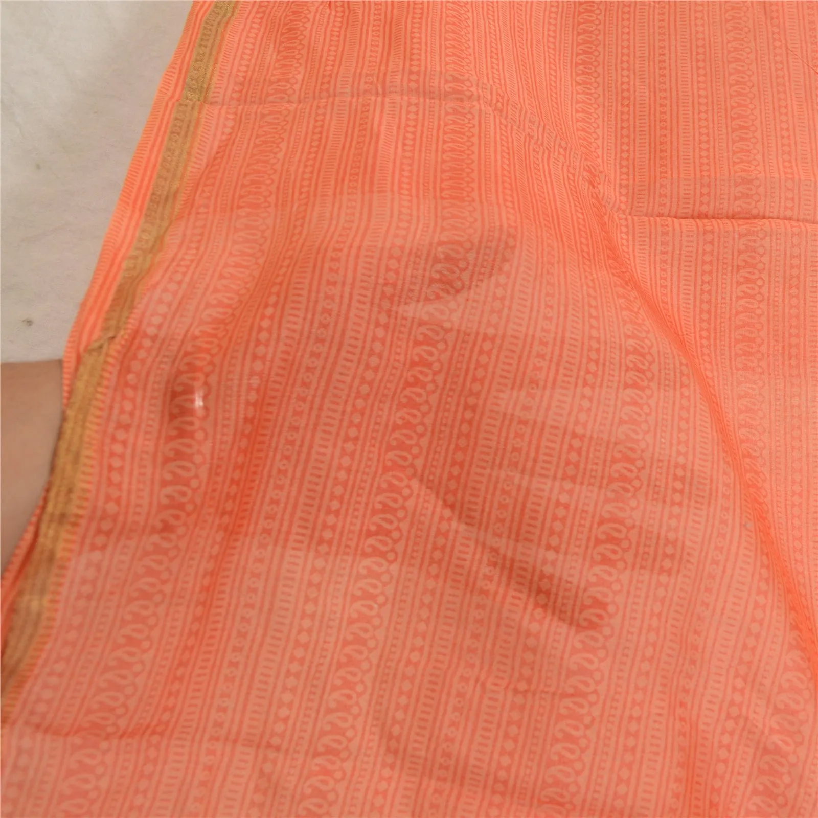 Sanskriti Vintage Peach/Green Pure Silk Dupatta Long Stole Printed Wrap Scarves