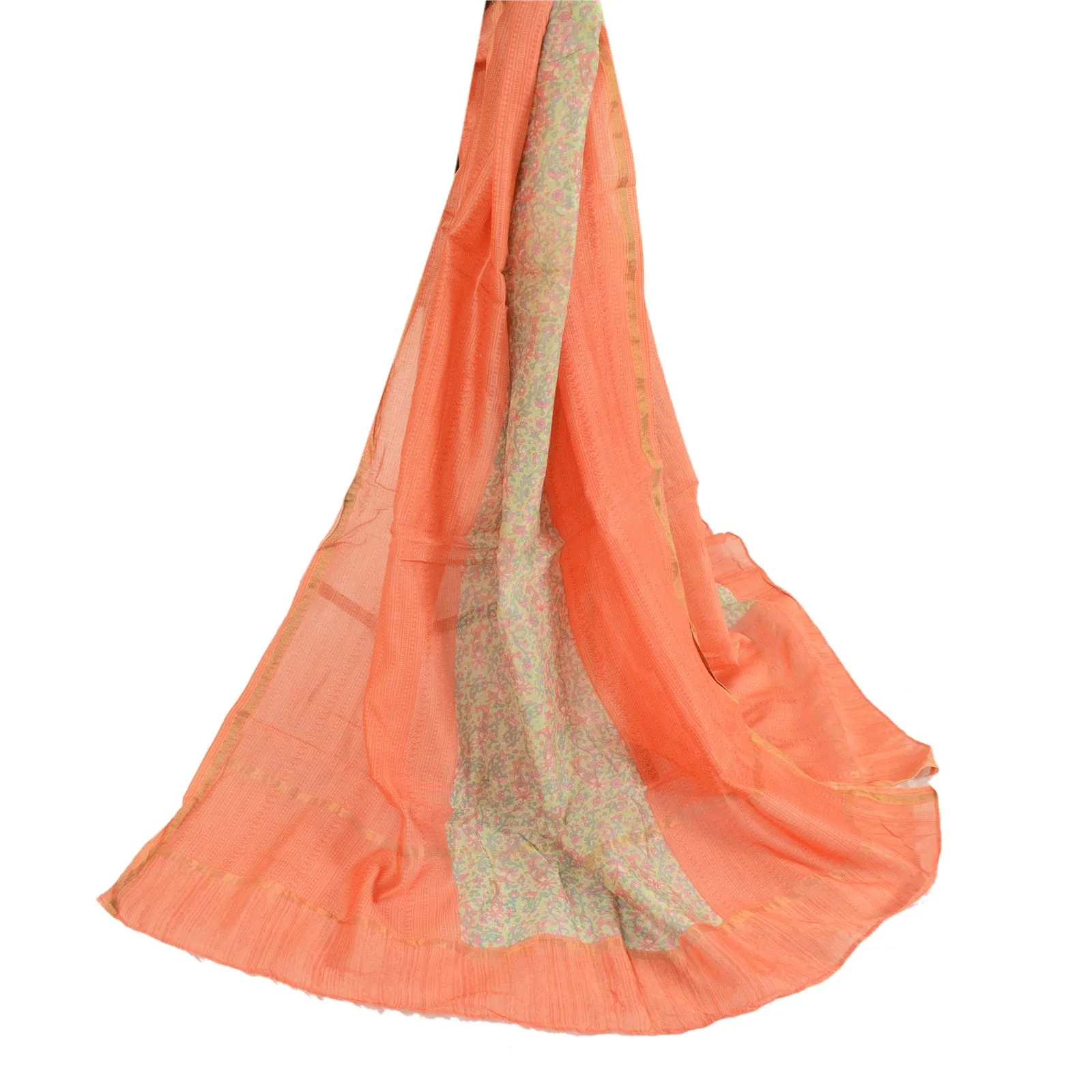 Sanskriti Vintage Peach/Green Pure Silk Dupatta Long Stole Printed Wrap Scarves