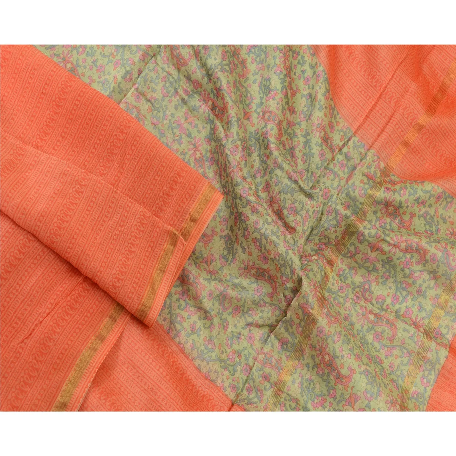 Sanskriti Vintage Peach/Green Pure Silk Dupatta Long Stole Printed Wrap Scarves