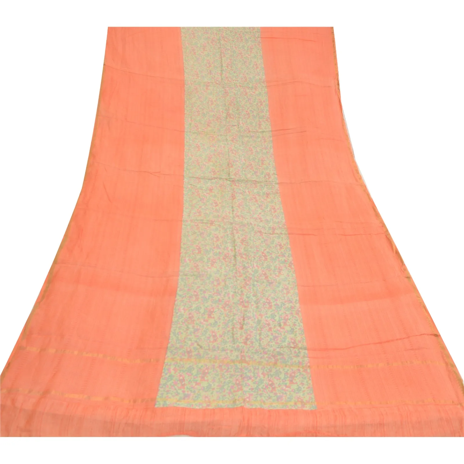 Sanskriti Vintage Peach/Green Pure Silk Dupatta Long Stole Printed Wrap Scarves