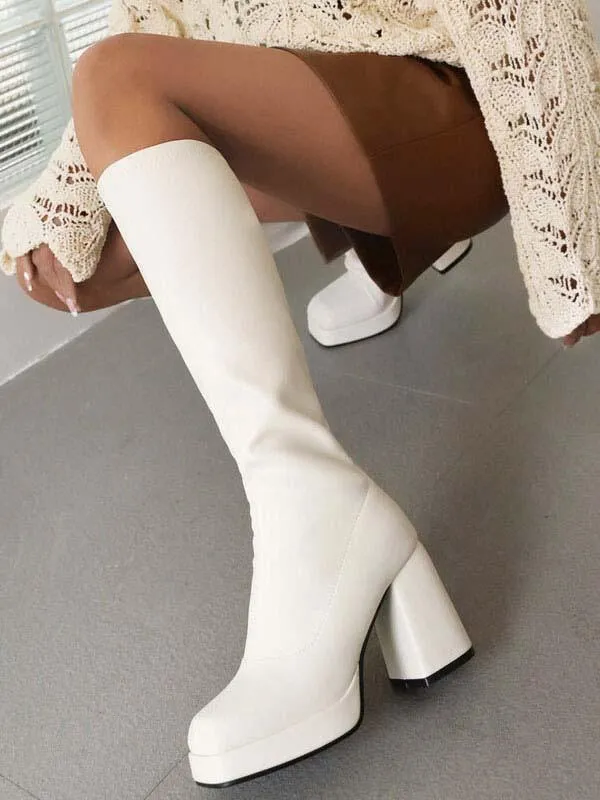 White Knee High Boots Women PU Leather Chunky Heel Knee Length Boots