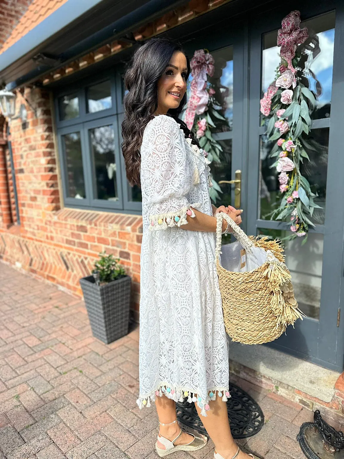 White Luxury Pom Pom Lace Tiered Dress Abbie