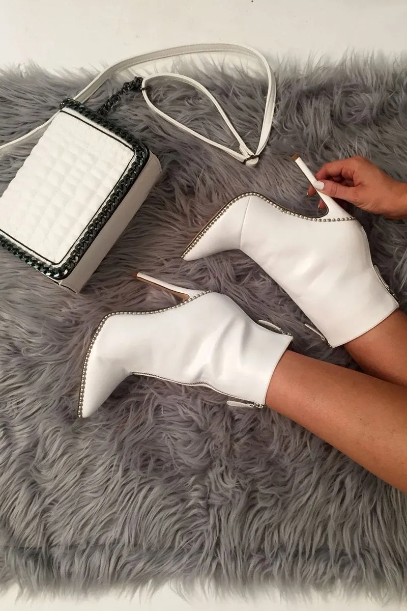 White PU Studded Zip Up Shoe Boots - Niomi