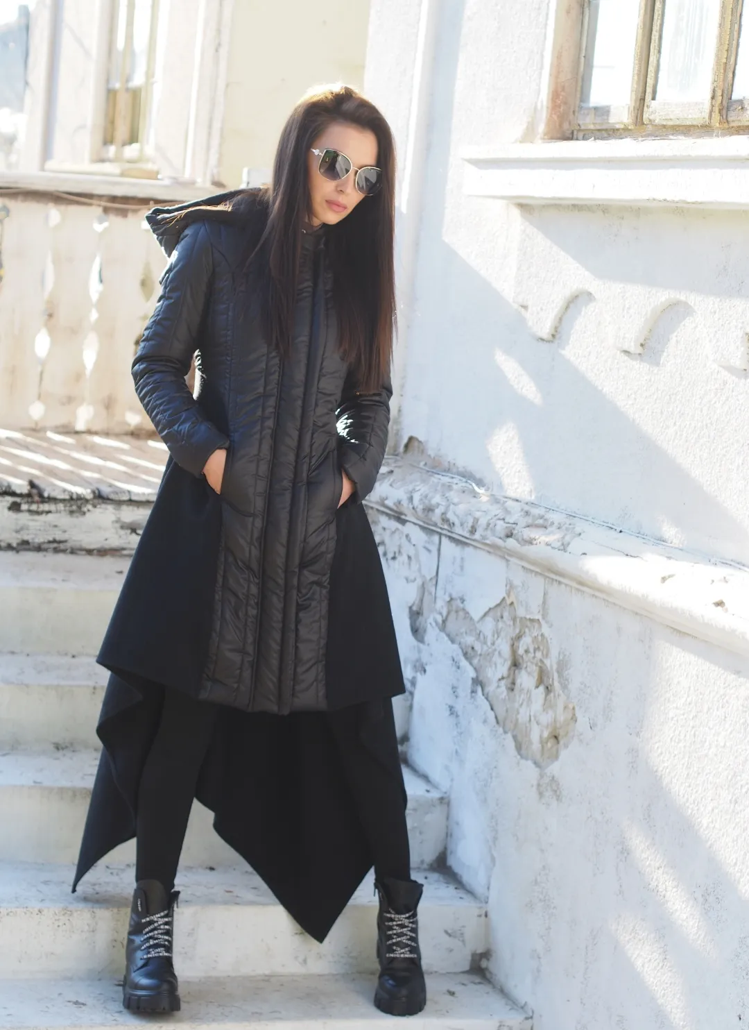 Women Asymmetric Quilted Cashmere Coat