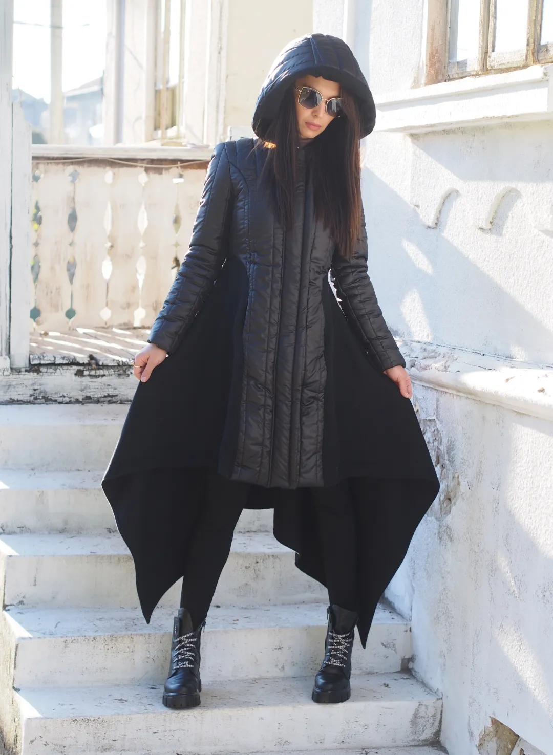 Women Asymmetric Quilted Cashmere Coat