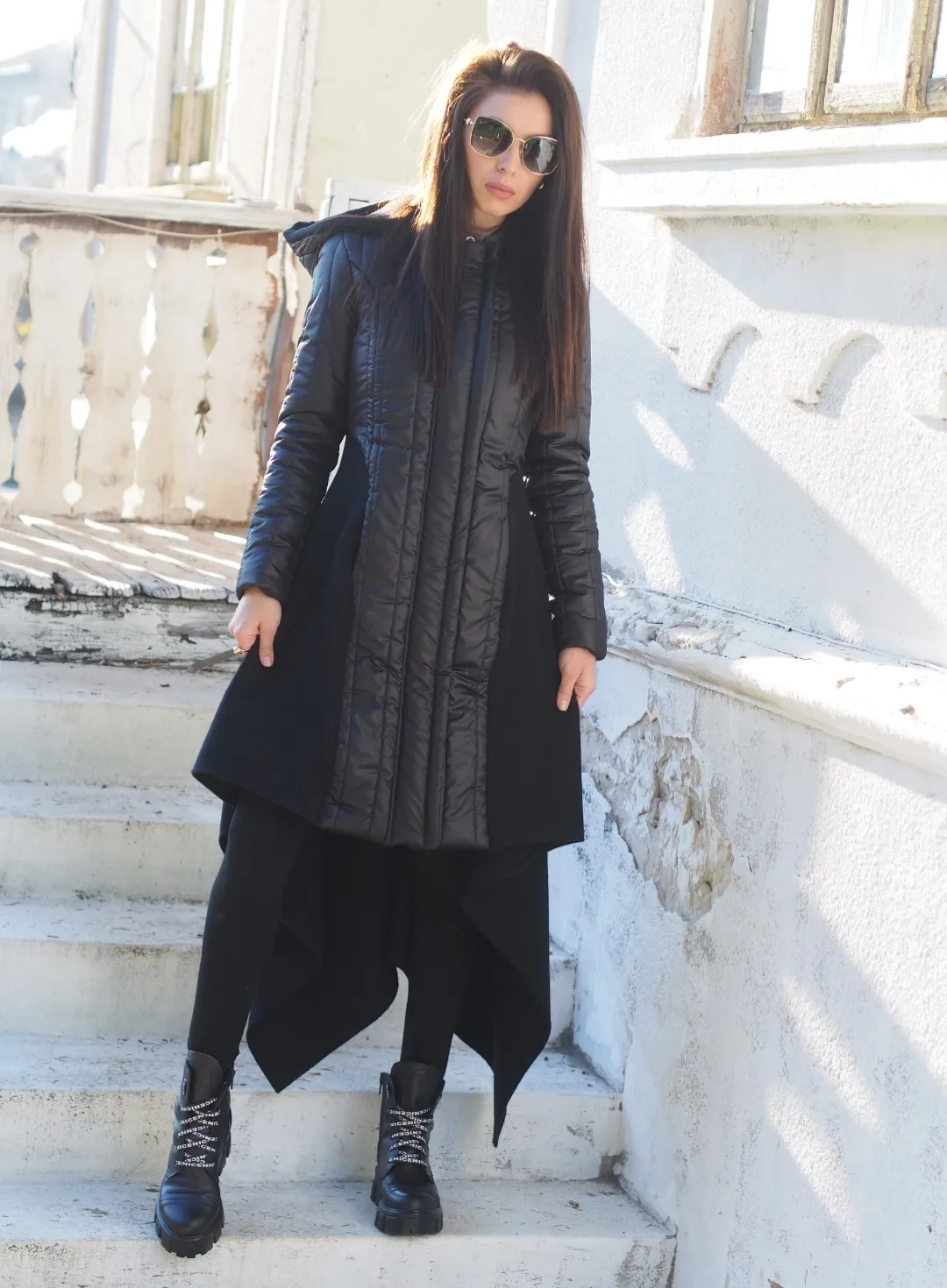 Women Asymmetric Quilted Cashmere Coat