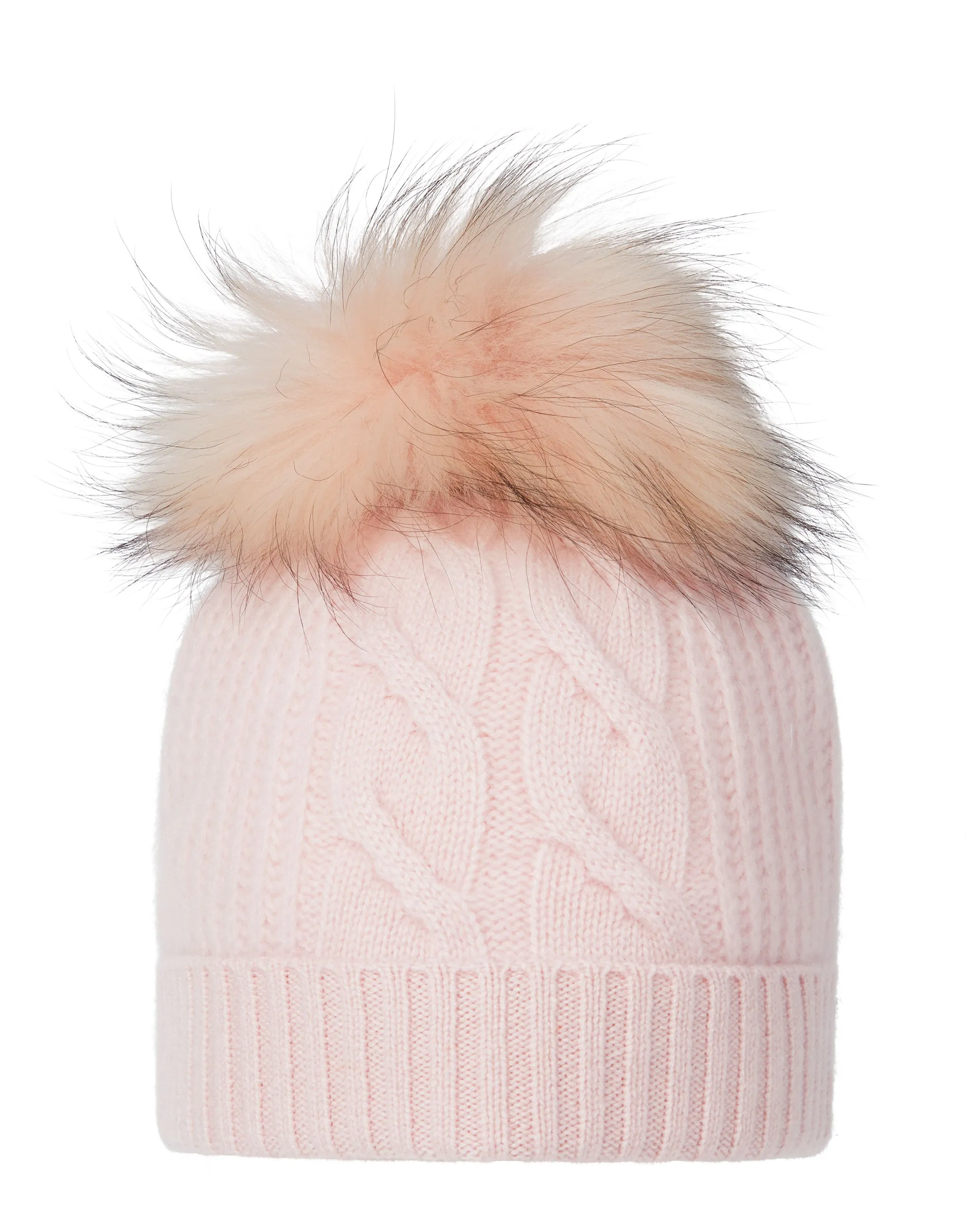 Women's Cable Cashmere Hat With Fur Pom Quartz Pink