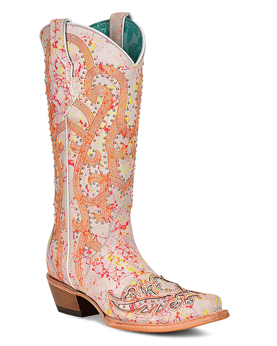 Women's Overlay Embroidery Studs & Crystals Neon Blacklight Western Boots