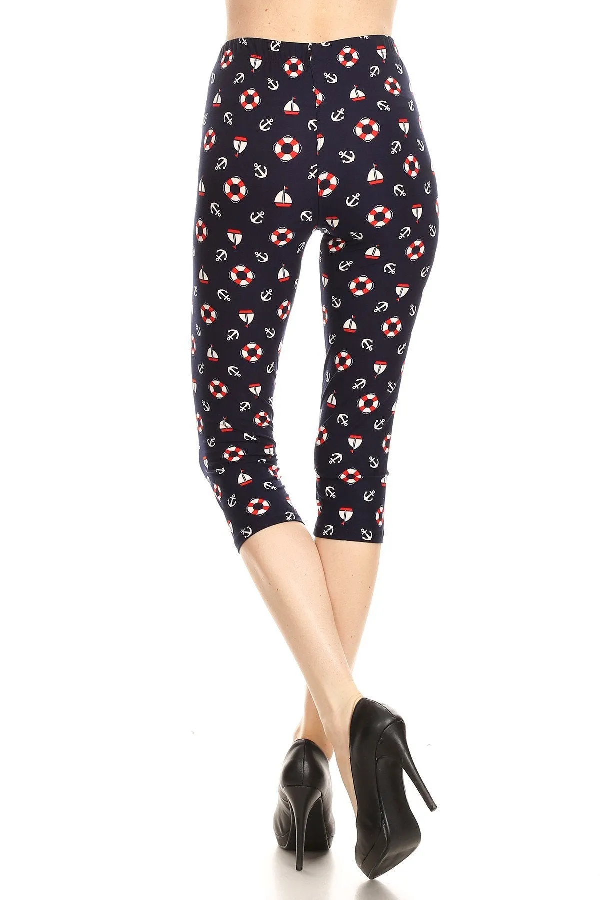 Women's Regular Life Ring Anchor Yacht Printed Cropped Capri Leggings