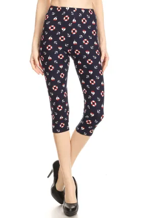 Women's Regular Life Ring Anchor Yacht Printed Cropped Capri Leggings