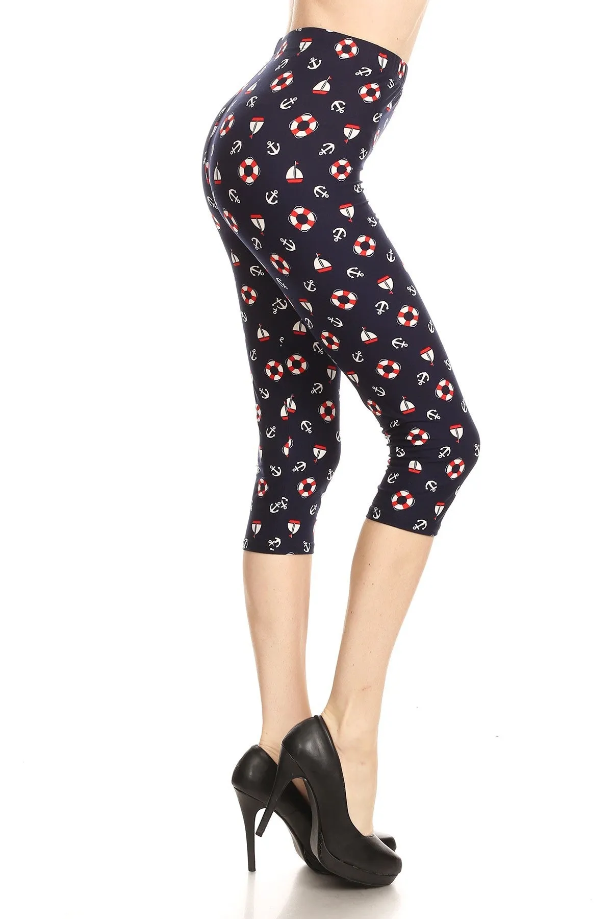 Women's Regular Life Ring Anchor Yacht Printed Cropped Capri Leggings