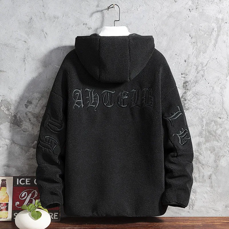 Xituodai Winter Men's Fleece Jacket 2021 New Fashion Letter Embroidery Hooded Windbreaker Oversized Coat Man Casual Thicken Warm