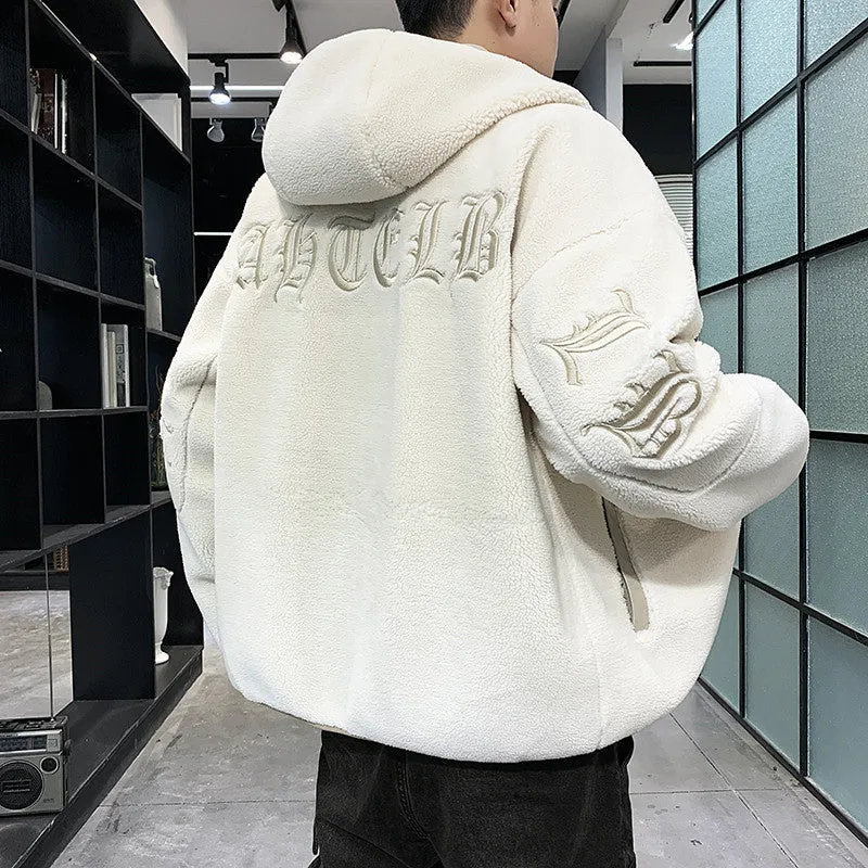 Xituodai Winter Men's Fleece Jacket 2021 New Fashion Letter Embroidery Hooded Windbreaker Oversized Coat Man Casual Thicken Warm