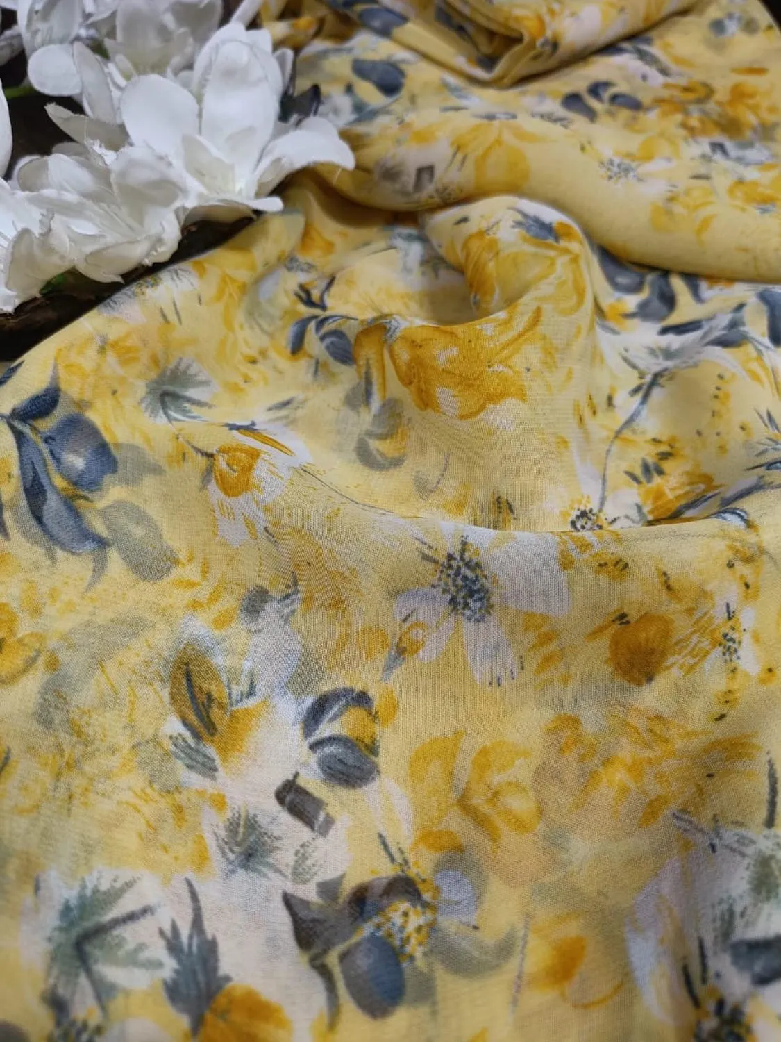 Yellow Georgette Fabric with Digital Print ( 1 Mtr )