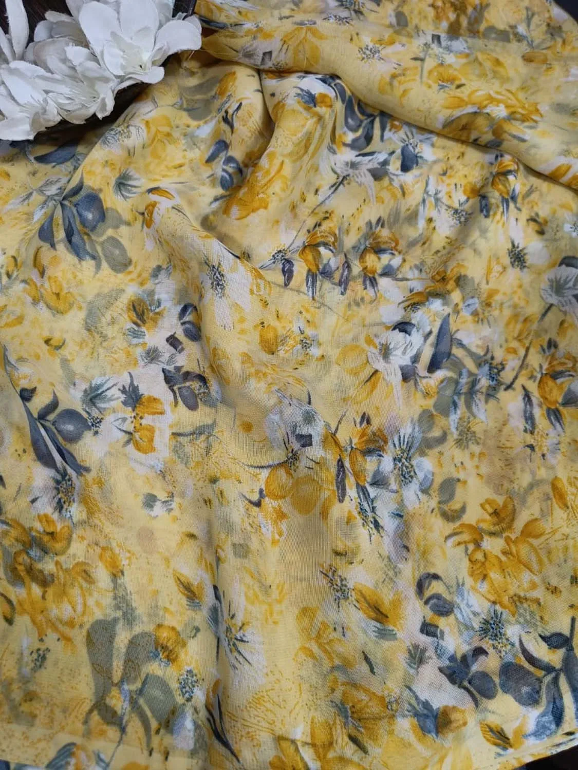 Yellow Georgette Fabric with Digital Print ( 1 Mtr )